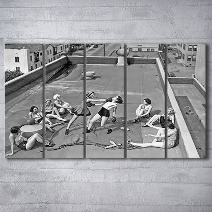 Women Boxing on Rooftop 5 Panels Canvas Print Wall Art, Black and White, Feminist Print, Vintage Wall Art