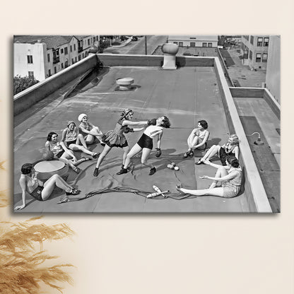 Women Boxing on Rooftop Canvas Print Wall Art, Black and White Print, Feminist Print, Vintage Canvas Print Wall Art