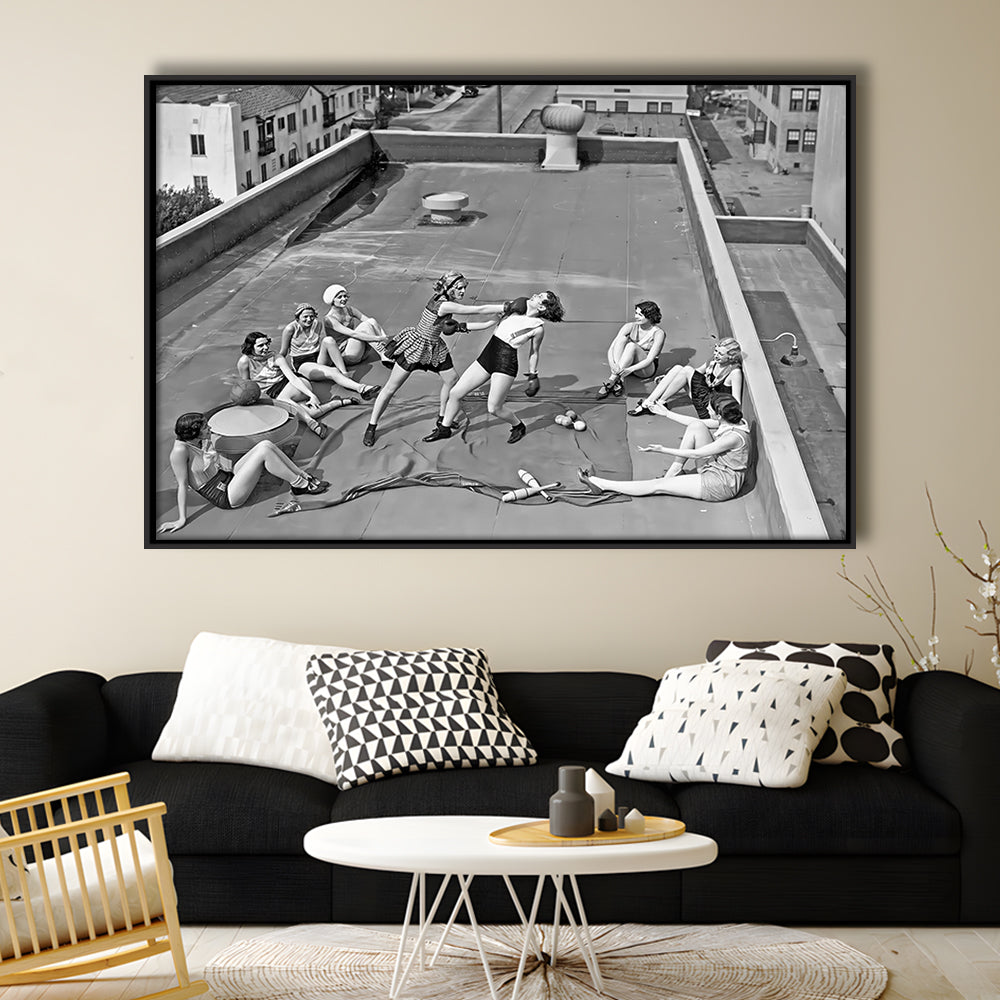 Women Boxing on Rooftop Framed Canvas Print Wall Art, Black and White, Feminist Print, Vintage Wall Art
