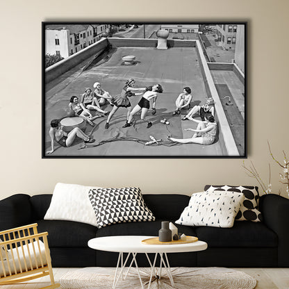 Women Boxing on Rooftop Framed Canvas Print Wall Art, Black and White, Feminist Print, Vintage Wall Art