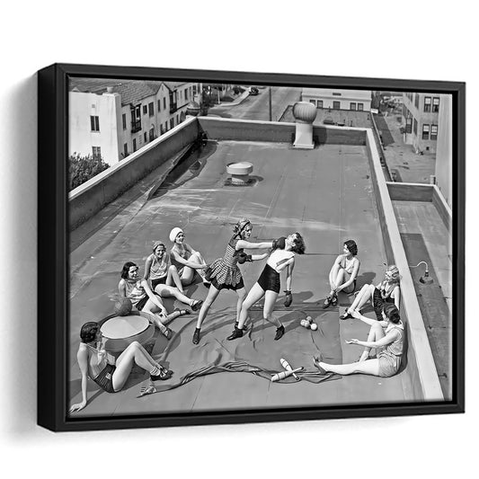 Women Boxing on Rooftop Framed Canvas Print Wall Art, Black and White, Feminist Print, Vintage Wall Art