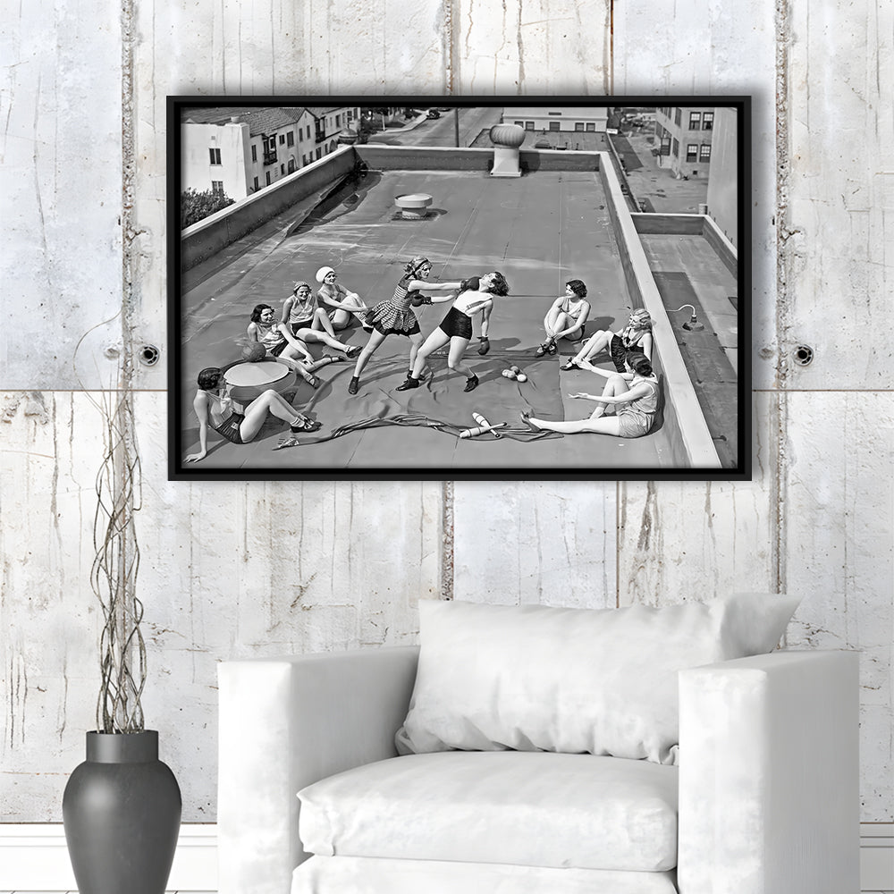 Women Boxing on Rooftop Framed Canvas Print Wall Art, Black and White, Feminist Print, Vintage Wall Art