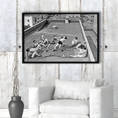 Women Boxing on Rooftop Framed Canvas Print Wall Art, Black and White, Feminist Print, Vintage Wall Art