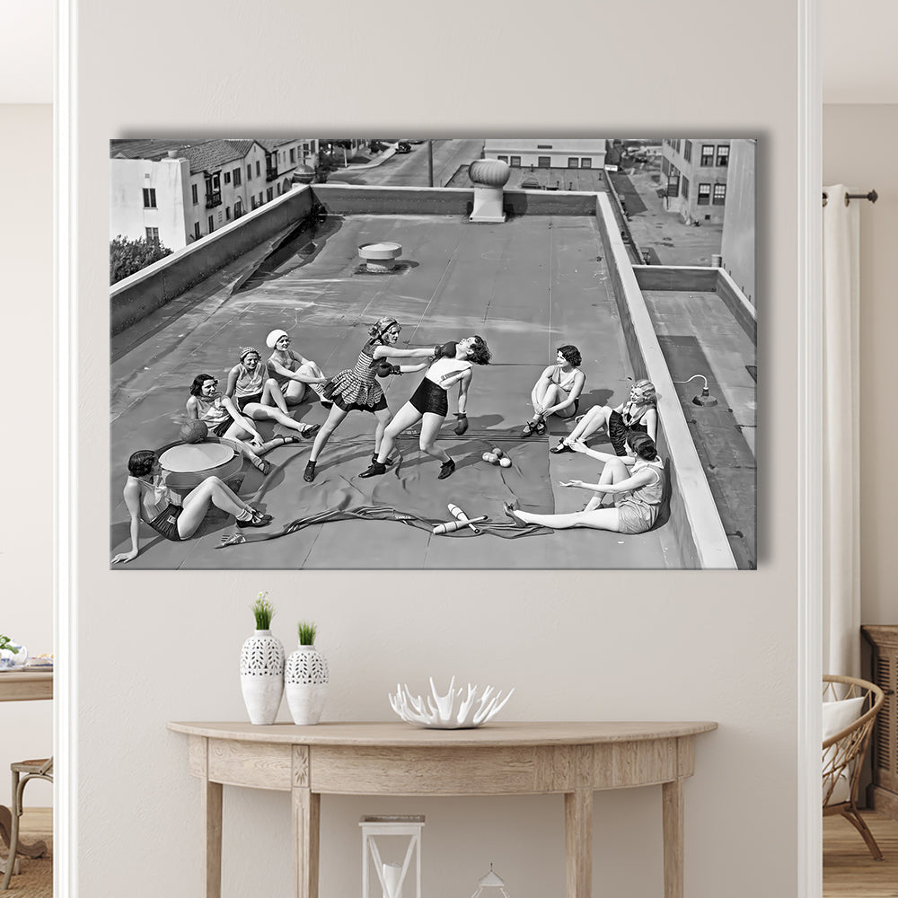 Women Boxing on Rooftop Canvas Print Wall Art, Black and White Print, Feminist Print, Vintage Canvas Print Wall Art