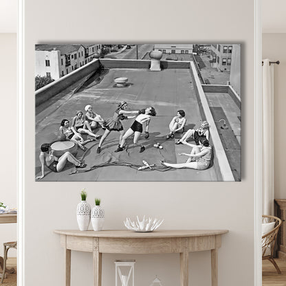 Women Boxing on Rooftop Canvas Print Wall Art, Black and White Print, Feminist Print, Vintage Canvas Print Wall Art
