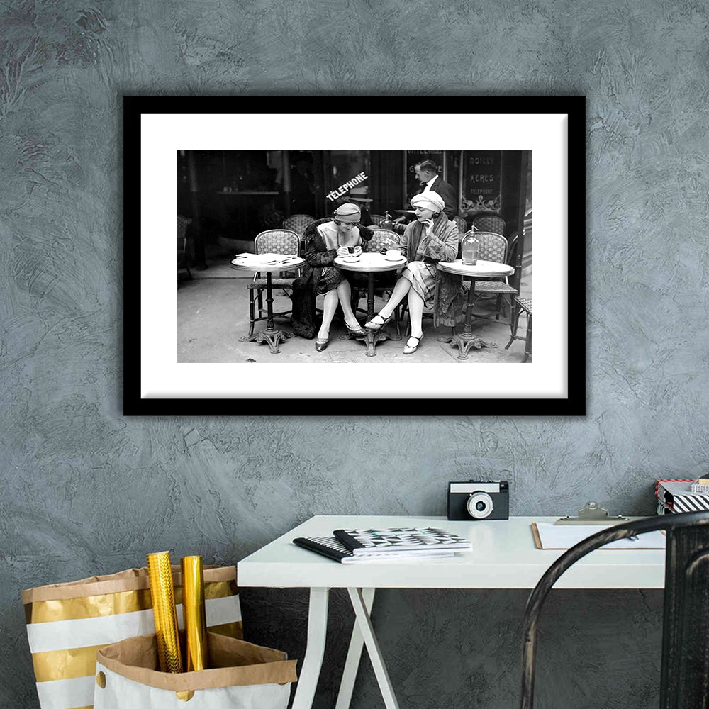 Women Drinking Coffee in Paris , Black and White, Coffee Shop Decor, Framed Art Print White Border Wall Decor