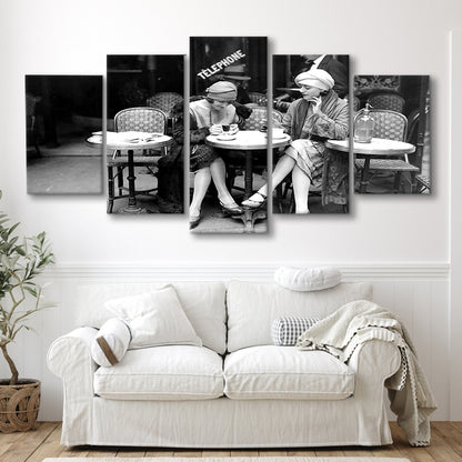 Women Drinking Coffee in Paris , Black and White, Coffee Shop Decor, Mixed 5 Pieces Canvas Print