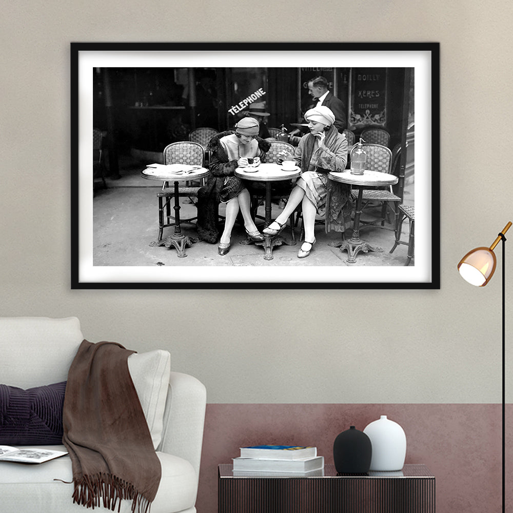 Women Drinking Coffee in Paris , Black and White, Coffee Shop Decor, Framed Art Print White Border Wall Decor