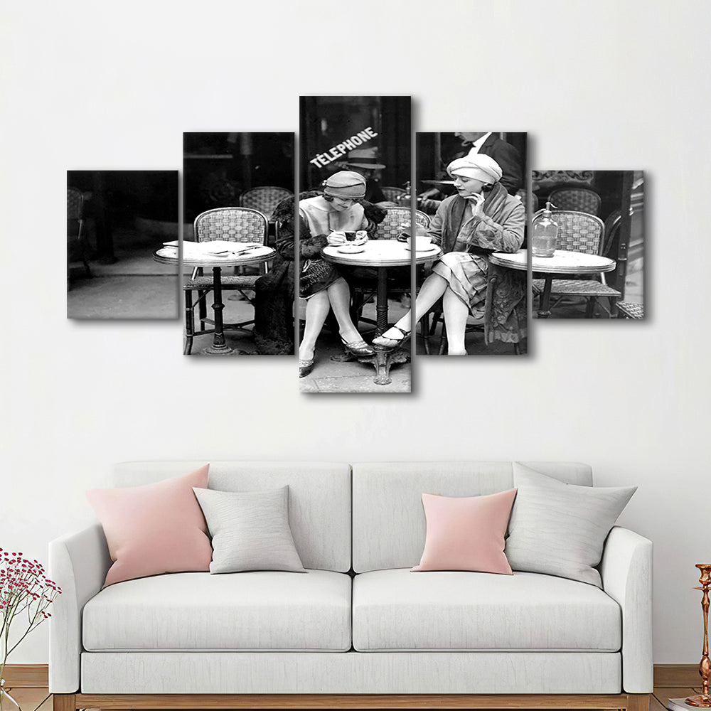 Women Drinking Coffee in Paris , Black and White, Coffee Shop Decor, Mixed 5 Pieces Canvas Print