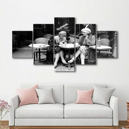 Women Drinking Coffee in Paris , Black and White, Coffee Shop Decor, Mixed 5 Pieces Canvas Print