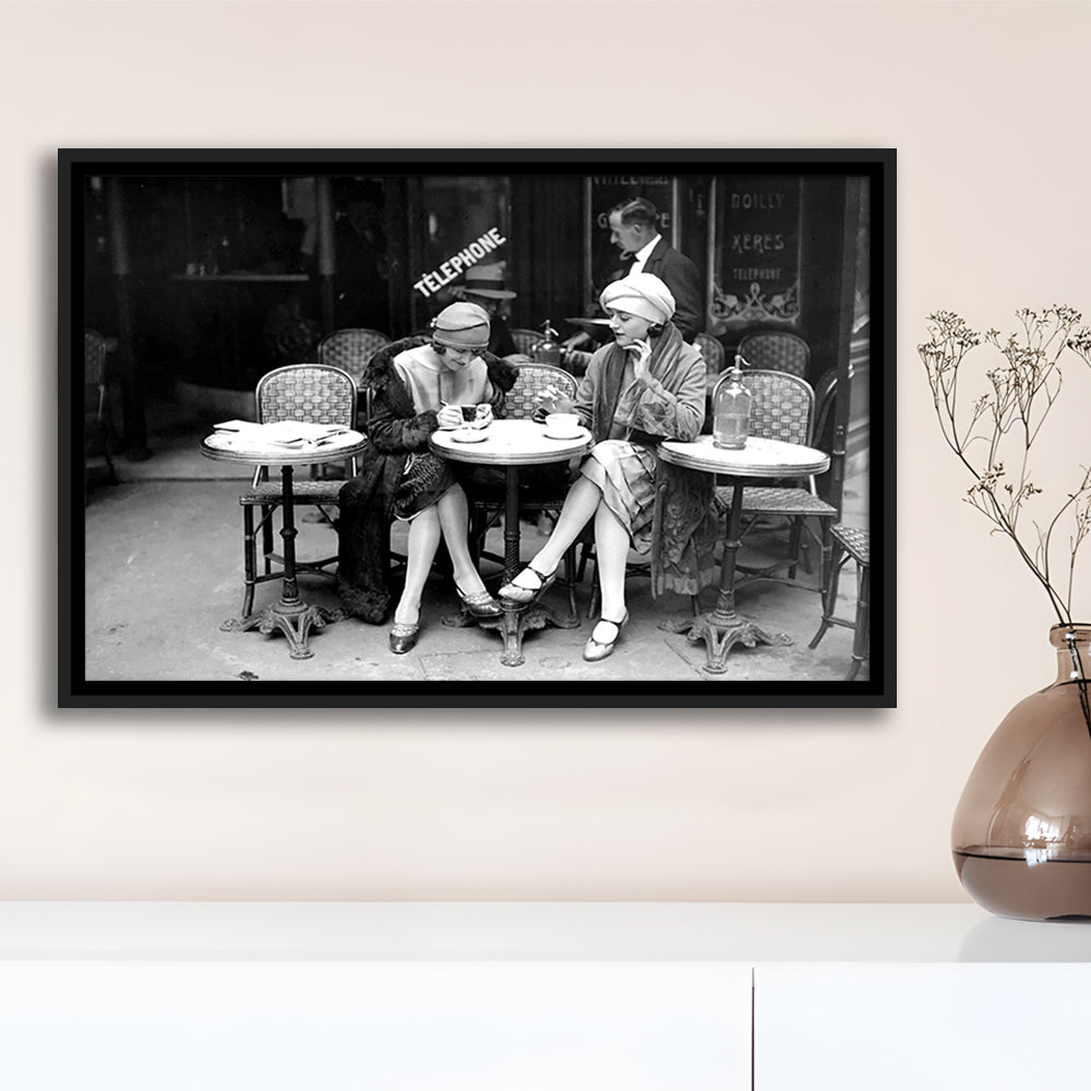 Women Drinking Coffee in Paris , Black and White, Coffee Shop Decor, Floating Framed Canvas Print