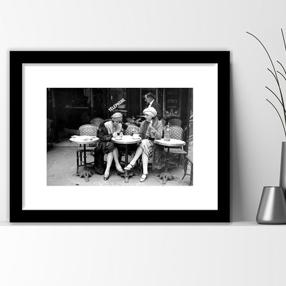 Women Drinking Coffee in Paris , Black and White, Coffee Shop Decor, Framed Art Print White Border Wall Decor