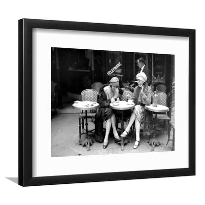 Women Drinking Coffee in Paris , Black and White, Coffee Shop Decor, Framed Art Print White Border Wall Decor