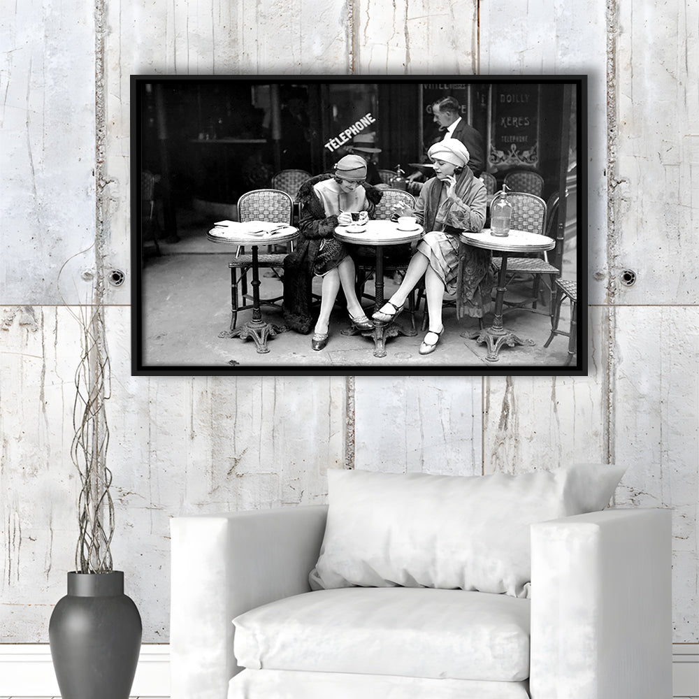 Women Drinking Coffee in Paris , Black and White, Coffee Shop Decor, Floating Framed Canvas Print