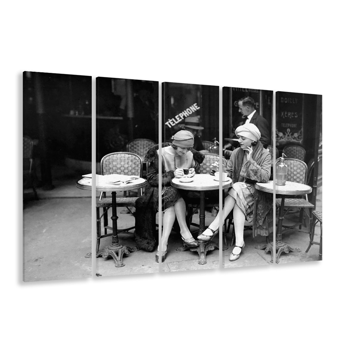 Women Drinking Coffee in Paris , Black and White, Coffee Shop Decor, 5 Pieces Large Canvas Print