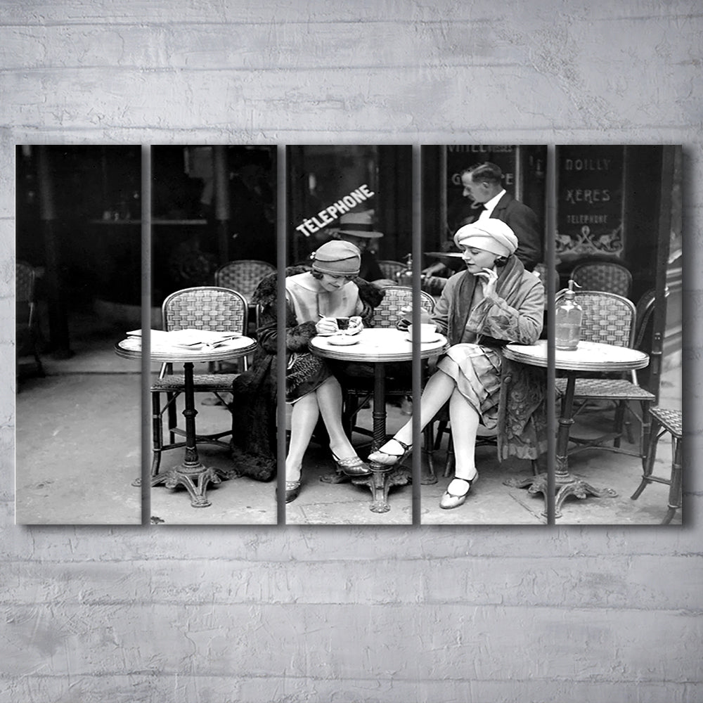 Women Drinking Coffee in Paris , Black and White, Coffee Shop Decor, 5 Pieces Large Canvas Print