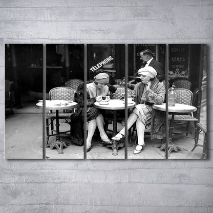 Women Drinking Coffee in Paris , Black and White, Coffee Shop Decor, 5 Pieces Large Canvas Print