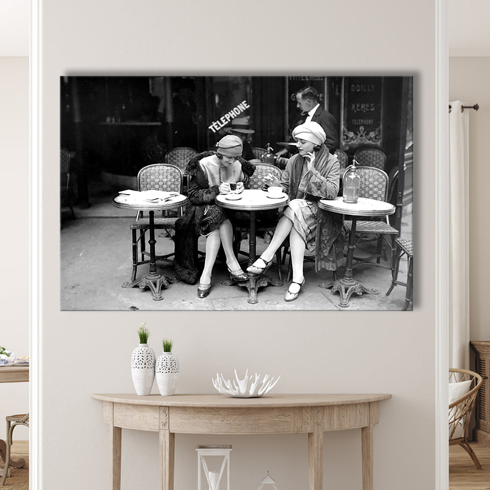Women Drinking Coffee in Paris , Black and White, Coffee Shop Decor, Canvas Print Wall Art Decor
