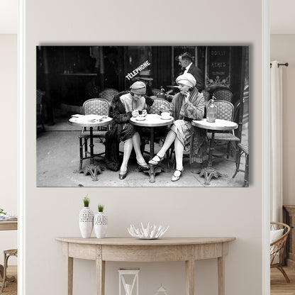 Women Drinking Coffee in Paris , Black and White, Coffee Shop Decor, Canvas Print Wall Art Decor