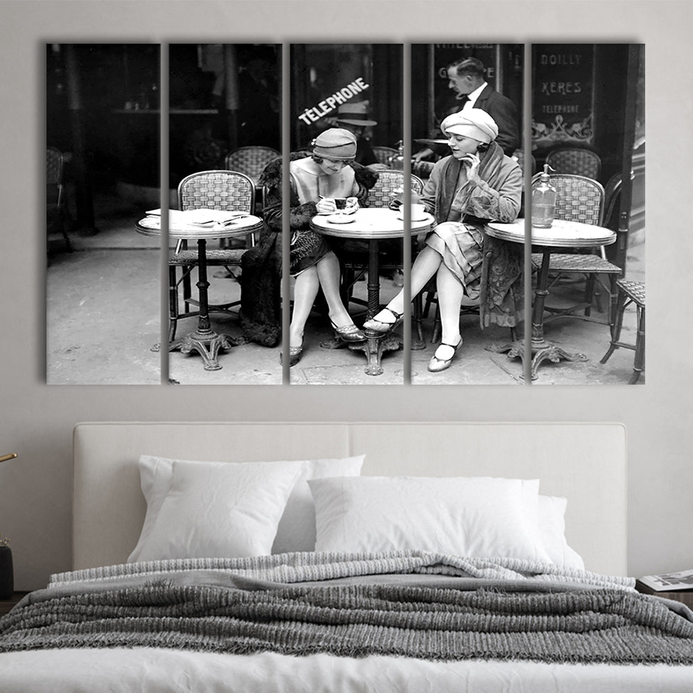 Women Drinking Coffee in Paris , Black and White, Coffee Shop Decor, 5 Pieces Large Canvas Print