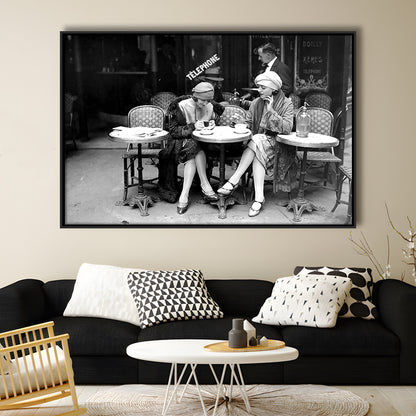 Women Drinking Coffee in Paris , Black and White, Coffee Shop Decor, Floating Framed Canvas Print