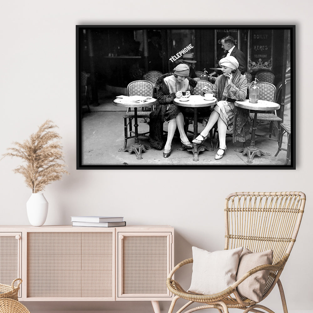Women Drinking Coffee in Paris , Black and White, Coffee Shop Decor, Floating Framed Canvas Print