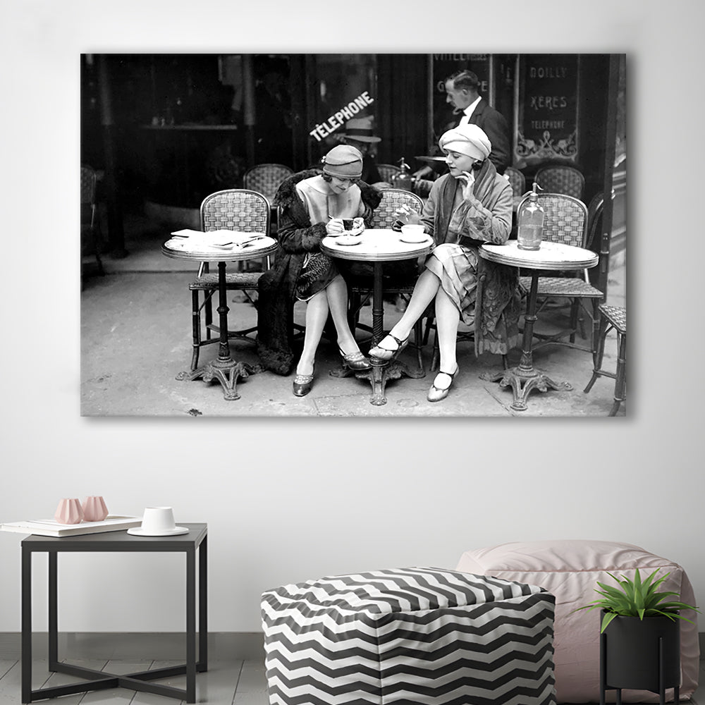 Women Drinking Coffee in Paris , Black and White, Coffee Shop Decor, Canvas Print Wall Art Decor