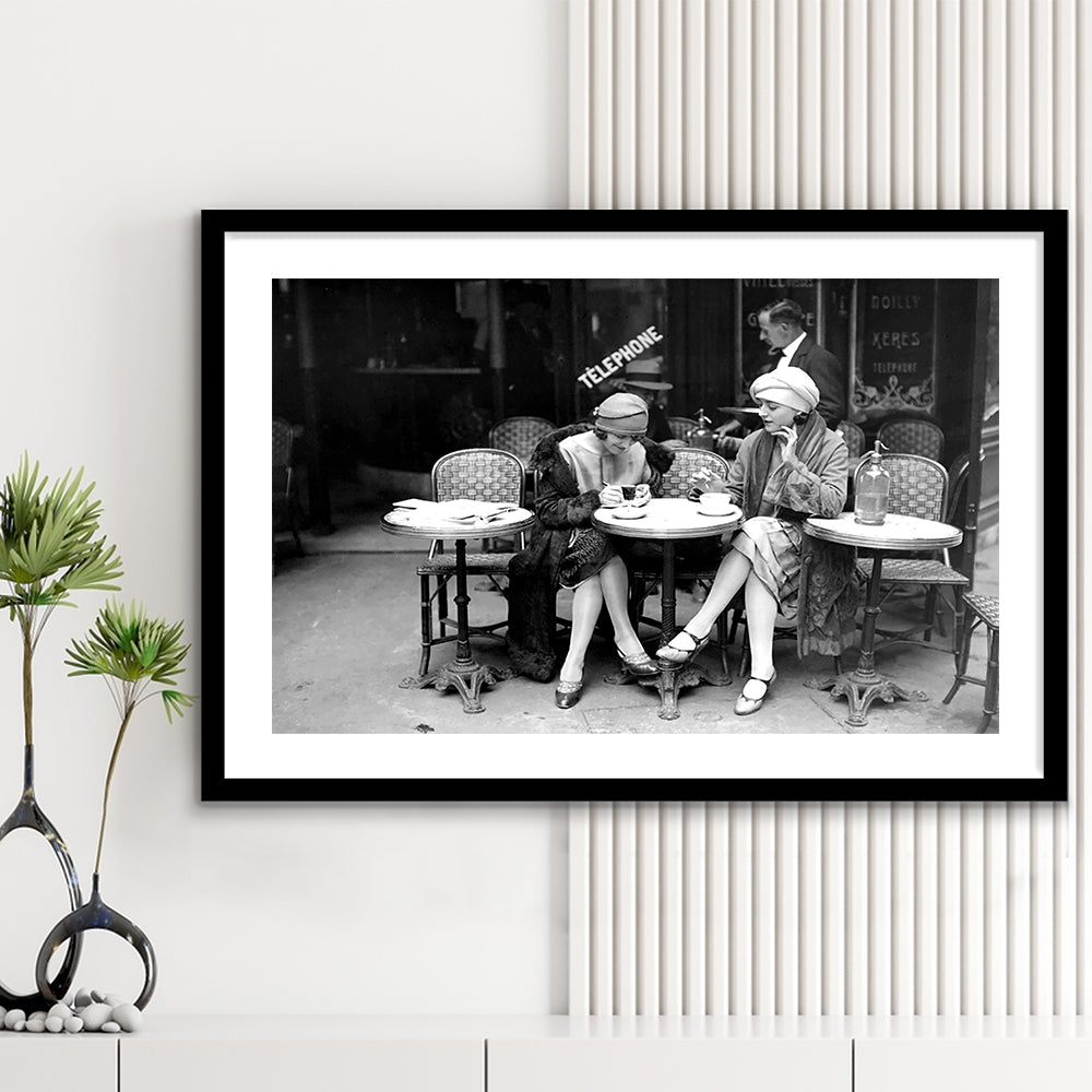 Women Drinking Coffee in Paris , Black and White, Coffee Shop Decor, Framed Art Print White Border Wall Decor