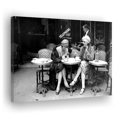 Women Drinking Coffee in Paris , Black and White, Coffee Shop Decor, Canvas Print Wall Art Decor