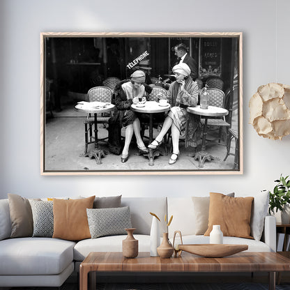 Women Drinking Coffee in Paris , Black and White, Coffee Shop Decor, Floating Framed Canvas Print