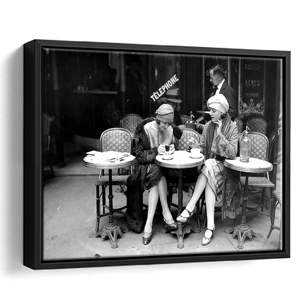 Women Drinking Coffee in Paris , Black and White, Coffee Shop Decor, Floating Framed Canvas Print