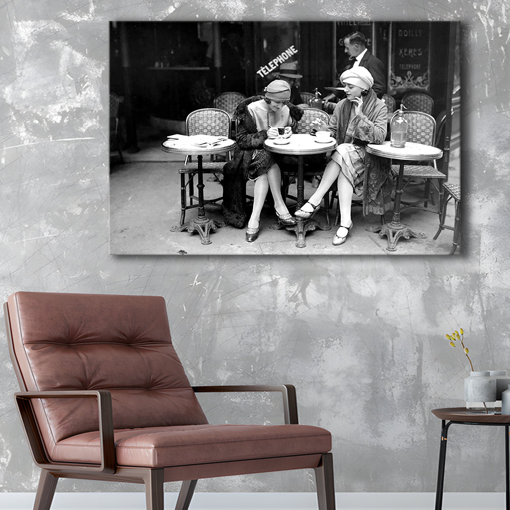 Women Drinking Coffee in Paris , Black and White, Coffee Shop Decor, Canvas Print Wall Art Decor