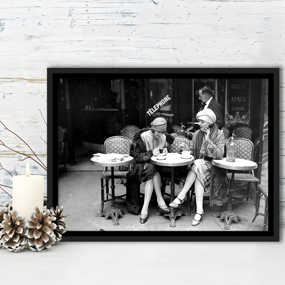Women Drinking Coffee in Paris , Black and White, Coffee Shop Decor, Floating Framed Canvas Print