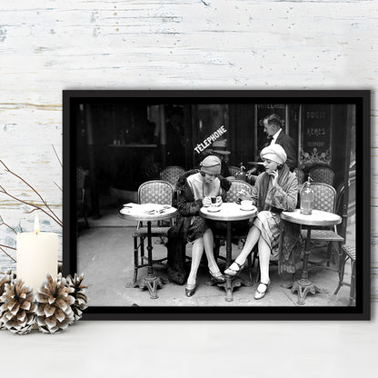 Women Drinking Coffee in Paris , Black and White, Coffee Shop Decor, Floating Framed Canvas Print