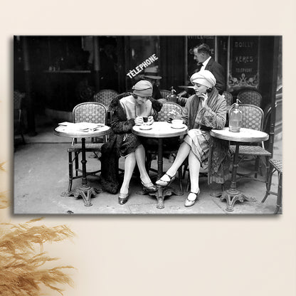 Women Drinking Coffee in Paris , Black and White, Coffee Shop Decor, Canvas Print Wall Art Decor