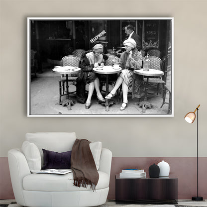 Women Drinking Coffee in Paris , Black and White, Coffee Shop Decor, Floating Framed Canvas Print