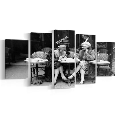 Women Drinking Coffee in Paris , Black and White, Coffee Shop Decor, Mixed 5 Pieces Canvas Print