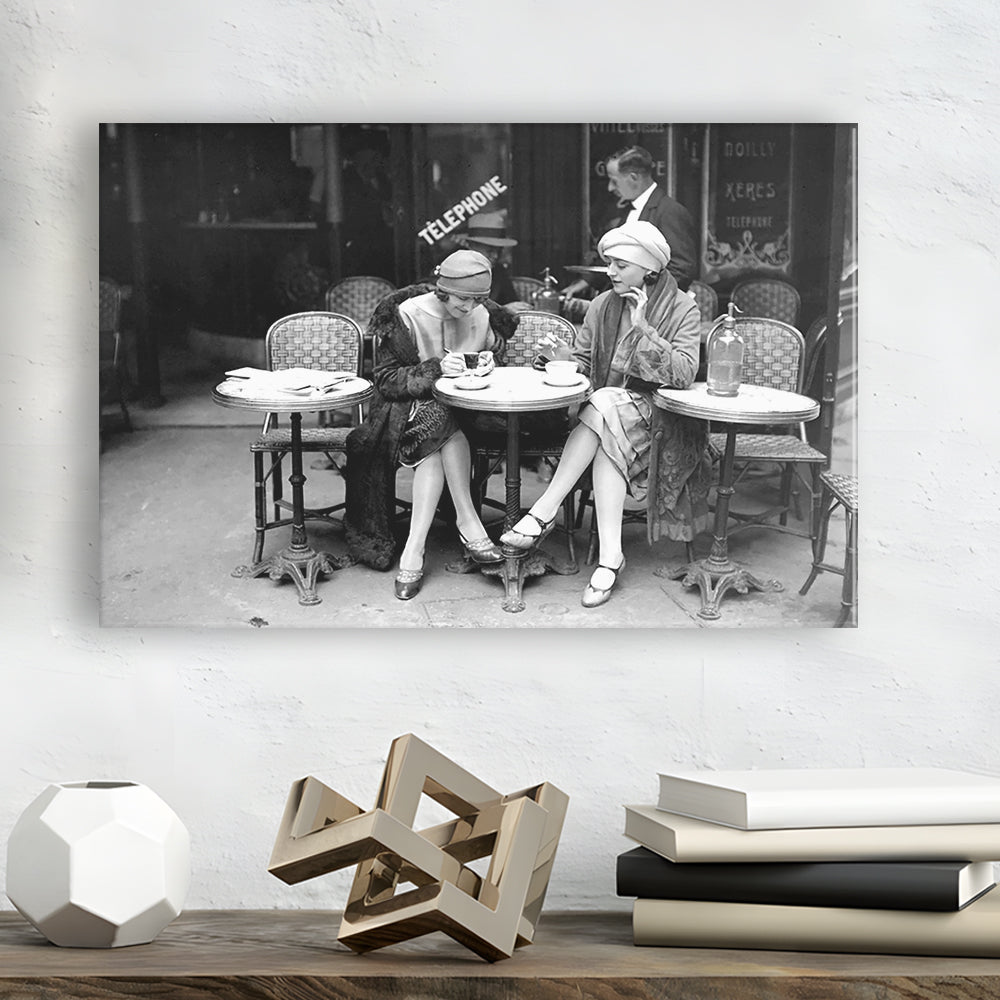 Women Drinking Coffee in Paris , Black and White, Coffee Shop Decor, Canvas Print Wall Art Decor