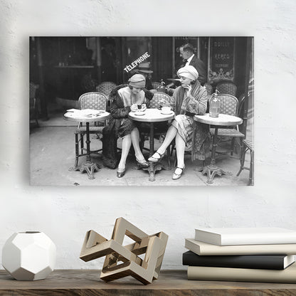 Women Drinking Coffee in Paris , Black and White, Coffee Shop Decor, Canvas Print Wall Art Decor