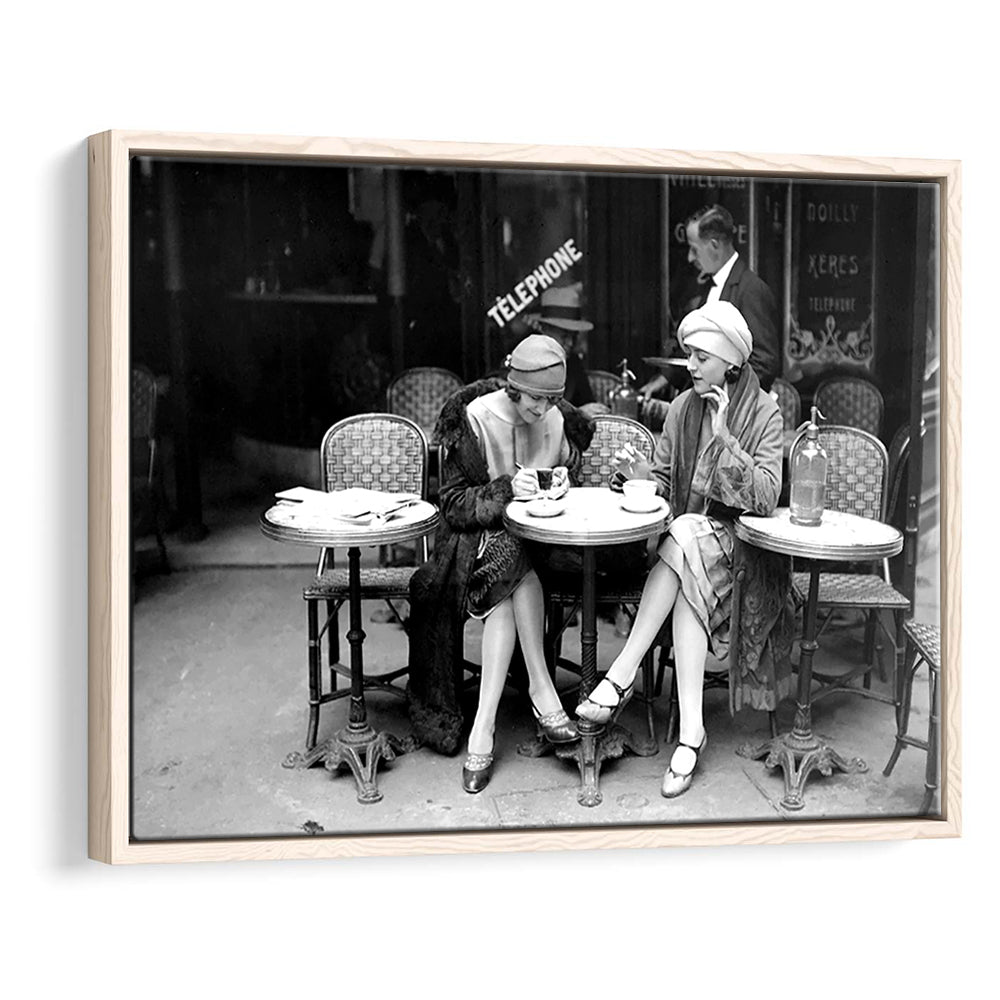 Women Drinking Coffee in Paris , Black and White, Coffee Shop Decor, Floating Framed Canvas Print