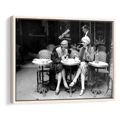 Women Drinking Coffee in Paris , Black and White, Coffee Shop Decor, Floating Framed Canvas Print