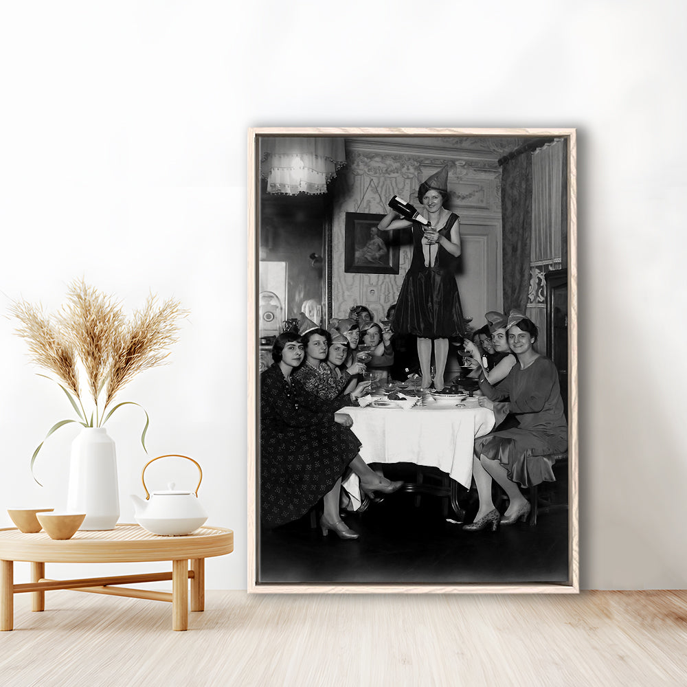 Women Drinking Wine Print, Black and White, Cocktail Wall Art, Bar Decor, Floating Framed Canvas Print