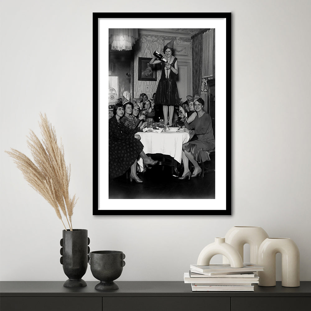 Women Drinking Wine Print, Black and White, Cocktail Wall Art, Feminist Print, Framed Art Print White Border Wall Decor