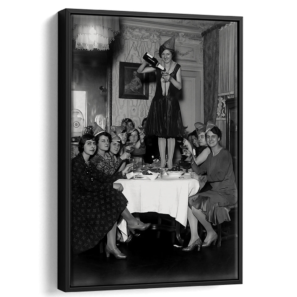 Women Drinking Wine Print, Black and White, Cocktail Wall Art, Bar Decor, Floating Framed Canvas Print