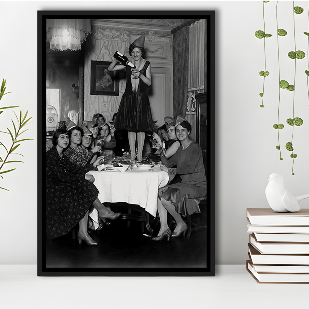 Women Drinking Wine Print, Black and White, Cocktail Wall Art, Bar Decor, Floating Framed Canvas Print