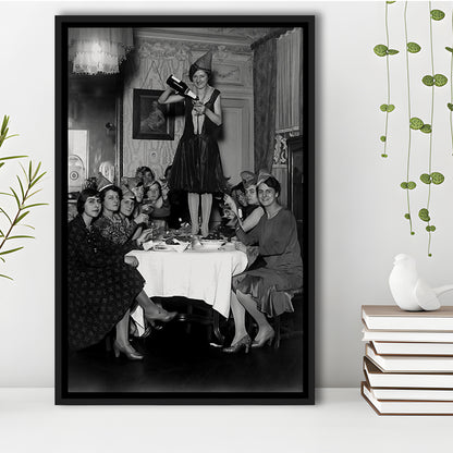 Women Drinking Wine Print, Black and White, Cocktail Wall Art, Bar Decor, Floating Framed Canvas Print