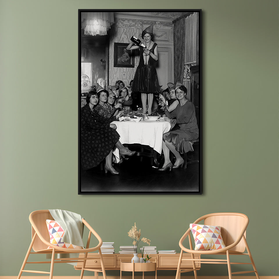 Women Drinking Wine Print, Black and White, Cocktail Wall Art, Bar Decor, Floating Framed Canvas Print
