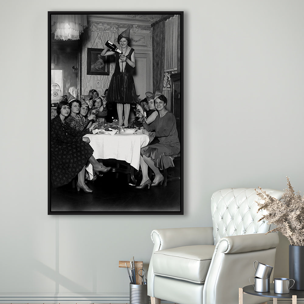Women Drinking Wine Print, Black and White, Cocktail Wall Art, Bar Decor, Floating Framed Canvas Print