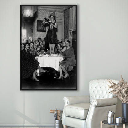 Women Drinking Wine Print, Black and White, Cocktail Wall Art, Bar Decor, Floating Framed Canvas Print
