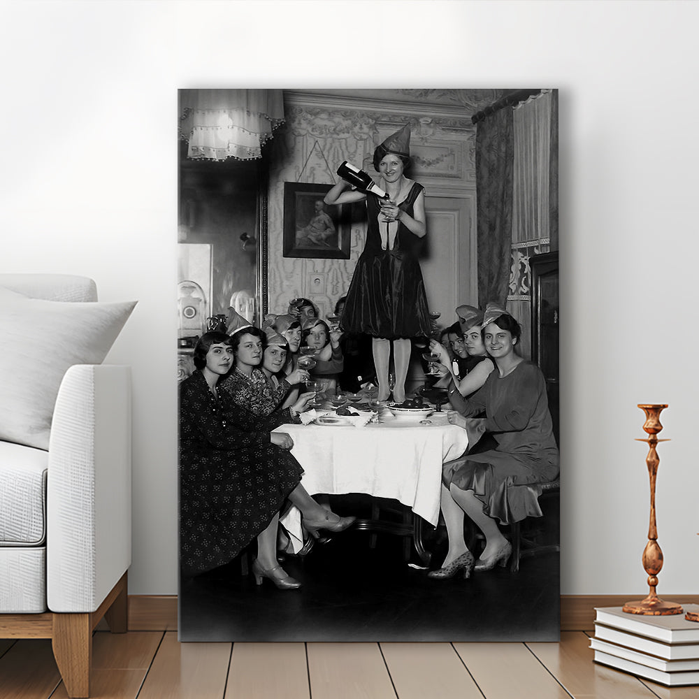 Women Drinking Wine Print, Black and White, Feminist Print, Bar Cart Decor, Canvas Print Wall Art